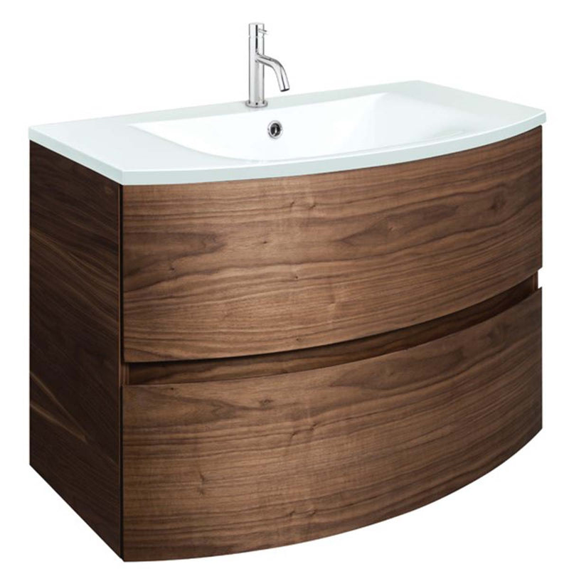Crosswater Svelte 800mm Double Drawer Wall Hung Vanity Unit-With Ice White Glass Basin American Walnut