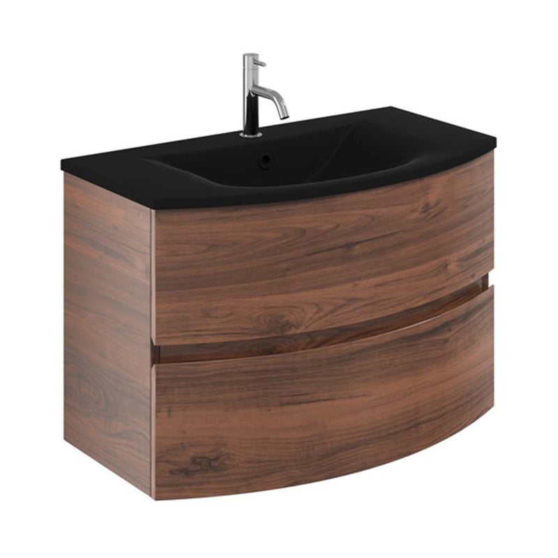 Crosswater Svelte 800mm Double Drawer Wall Hung Vanity Unit With Midnight Black Glass Basin American Walnut