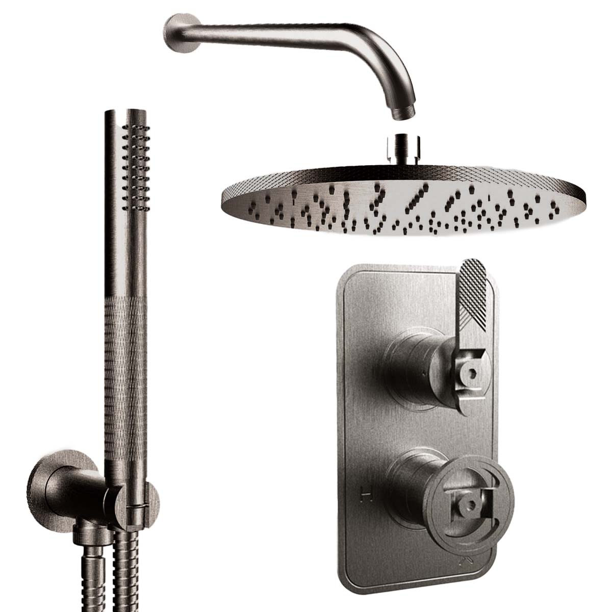 Crosswater Union 2 Outlet Thermostatic Shower Valve With Handset and Wall Mounted Overhead Brushed Black Chrome