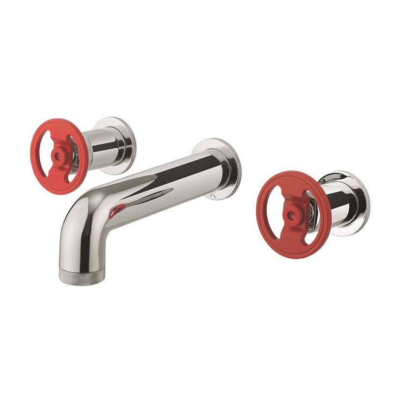 Crosswater Union Basin 3 Hole Wall Mounted Tap with Red Round Handles Chrome