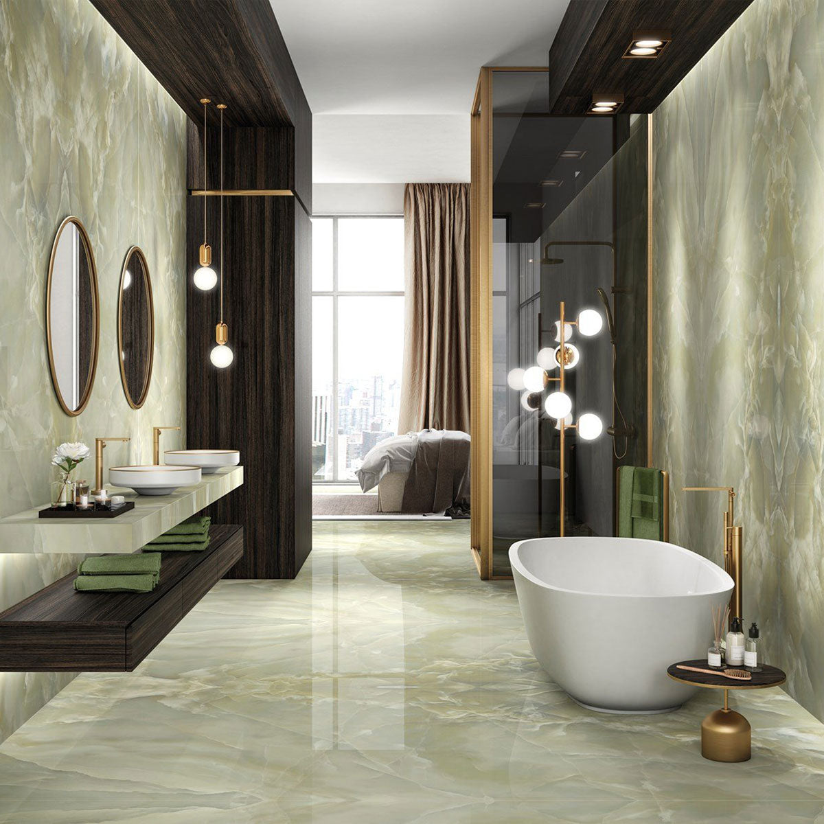 Deluxe Onyx Green Marble Effect Porcelain Tile 60x120cm feature