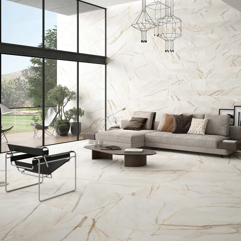 Dura Viena Gold Marble Effect Porcelain Tile Gloss 90x90cm Feature