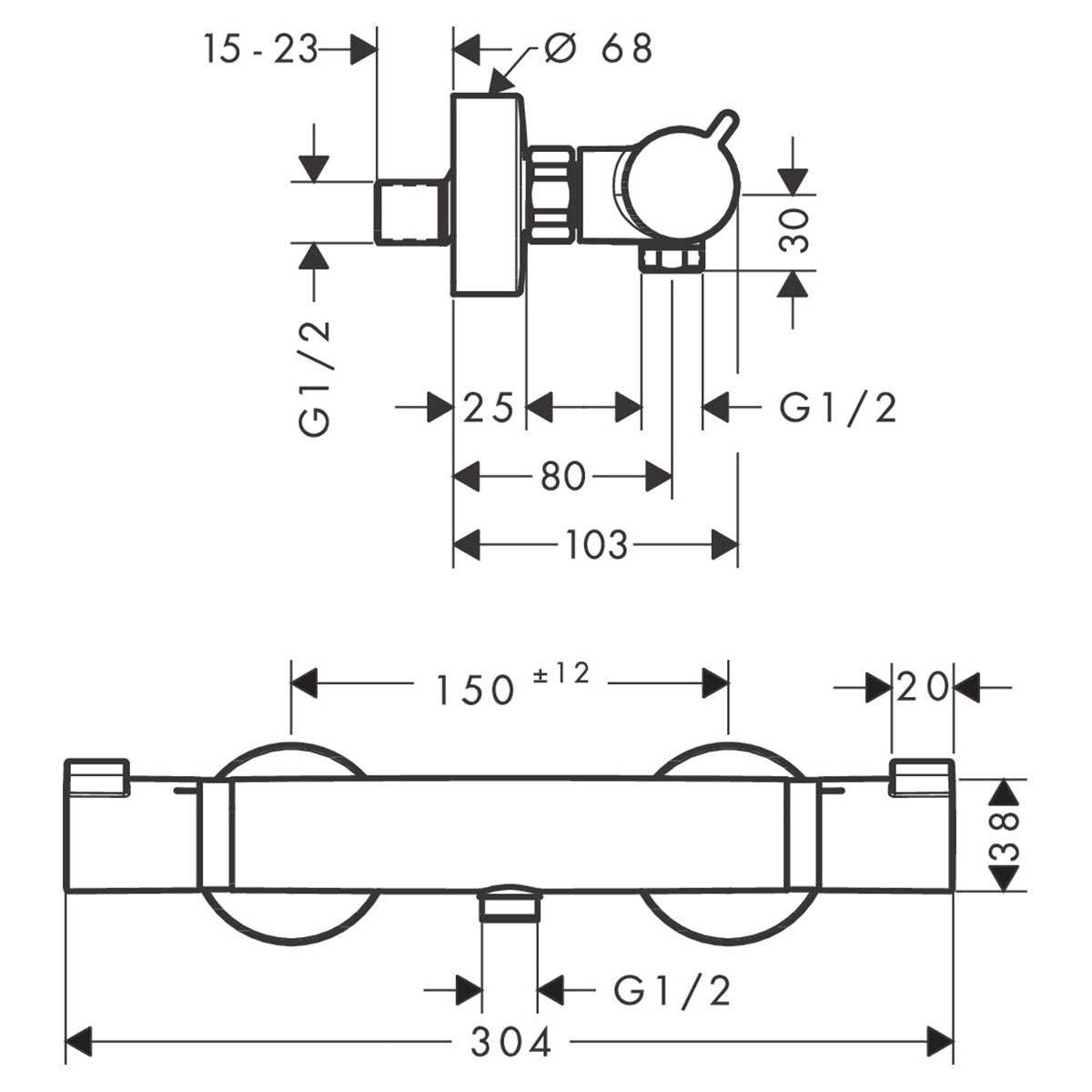 Hansgrohe Ecostat Exposed Thermostatic Valve Bar dimensions