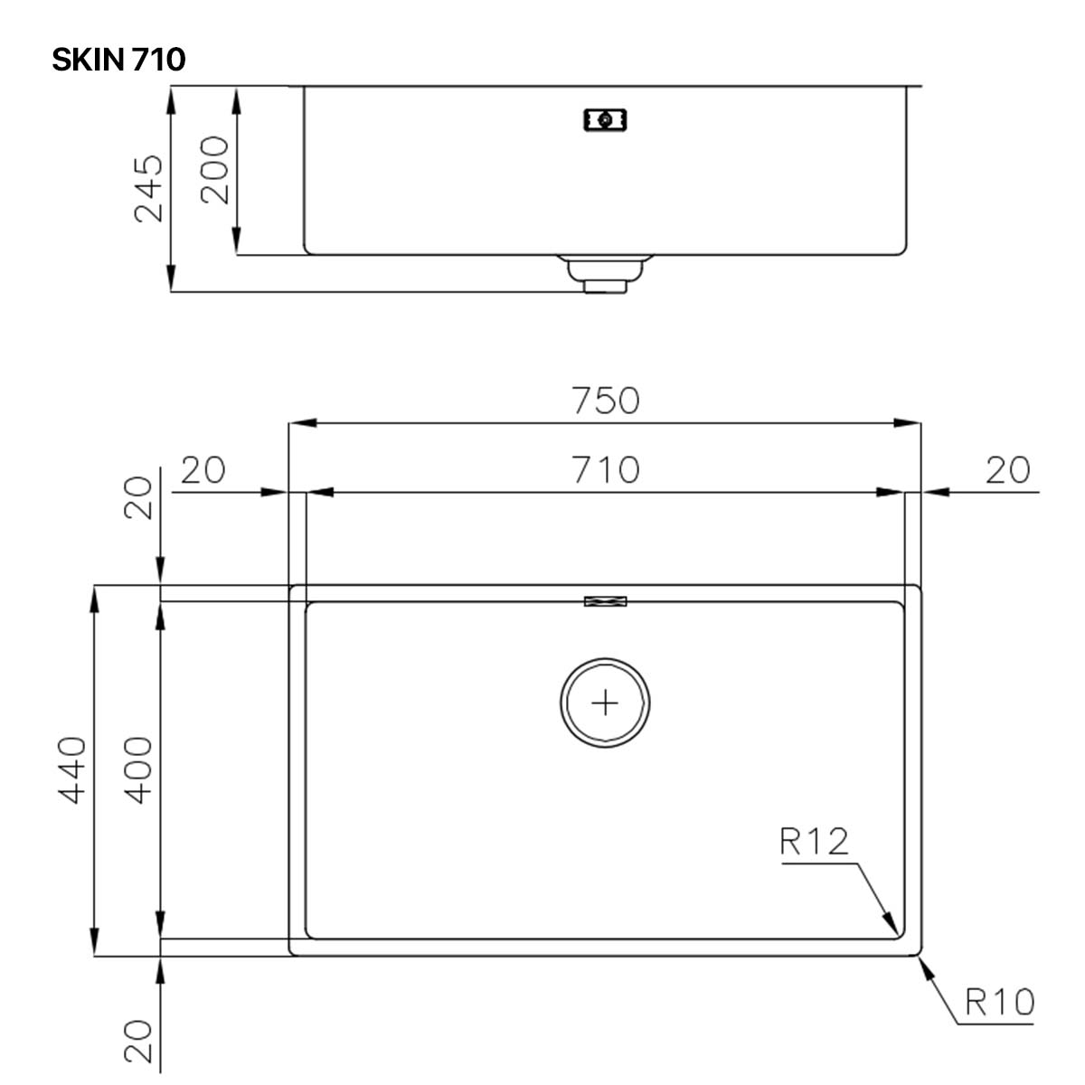 Foster Skin 750 Kitchen Sink - Dimensions