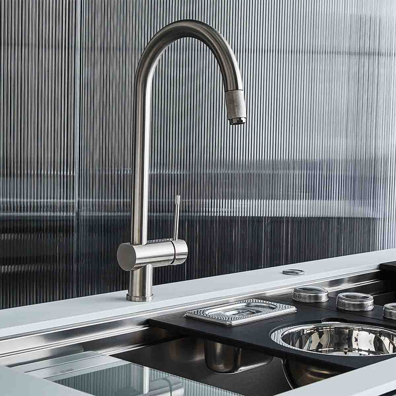 Foster volta aesthetica single lever kitchen tap stainless steel brushed in line feature