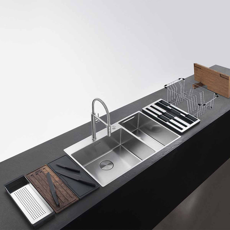 Franke Box Center double bowl top mounted kitchen sink drainboard matt stainless steel accessories