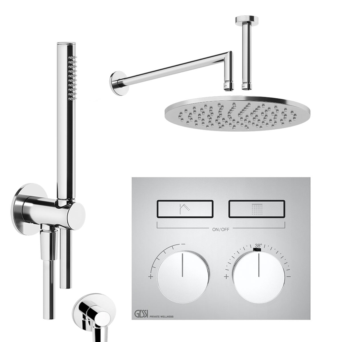 Gessi Hi-Fi Compact Dual Outlet Thermostatic Shower Valve With Pencil Handset and Fixed Overhead