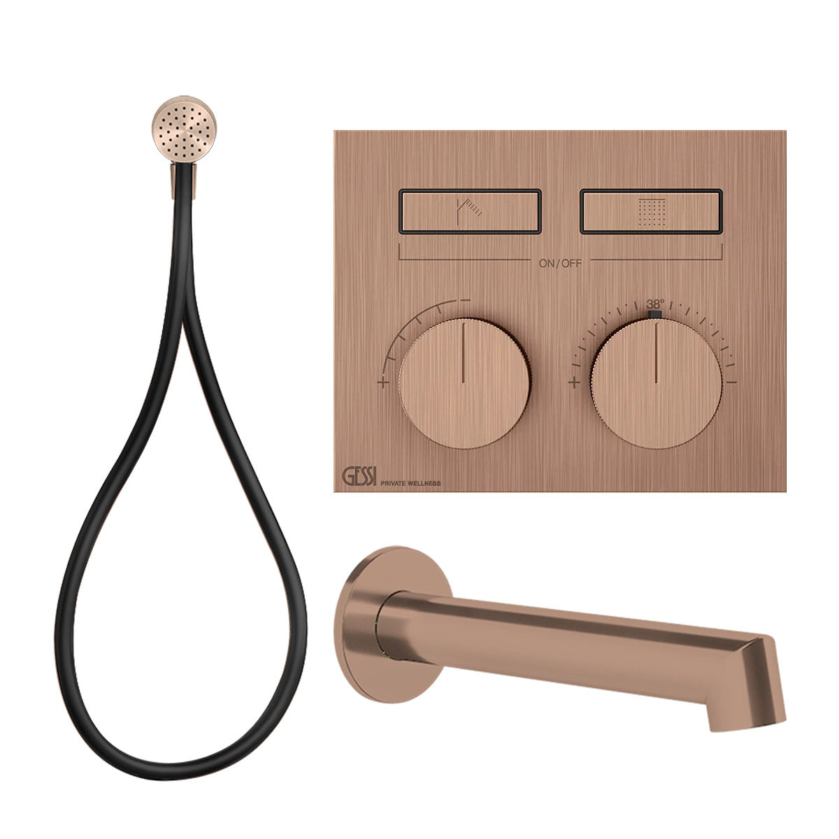 Gessi HiFi 2 Outlet Thermostatic Shower Valve with Magnetic Shower Handset and Bath Spout COPPER