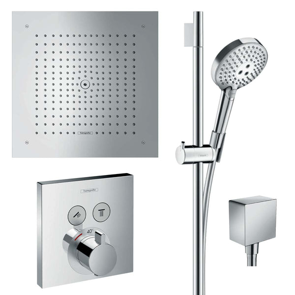 Hansgrohe Square 2 Outlet Push Thermostatic Valve with Raindance 400 Overhead Shower and Select S Slide Rail Kit