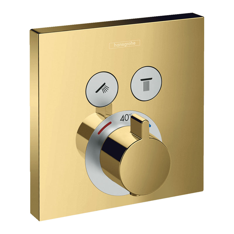 Hansgrohe Square 2 Output Push Thermostatic Valve with Raindance Overhead Shower and Slide Rail Kit Polished Gold Valve
