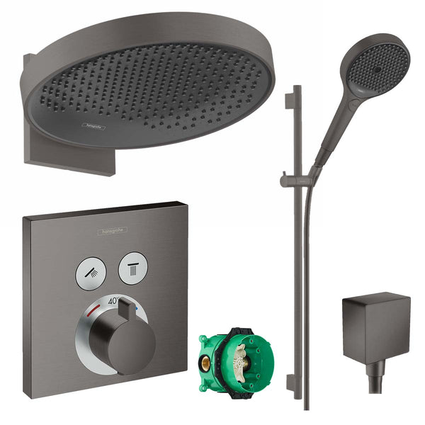 Hansgrohe Square Dual Outlet Push Thermostatic Mixer Valve with Rainfinity 360 Overhead & Slide Rail Kit in Brushed Black Chrome