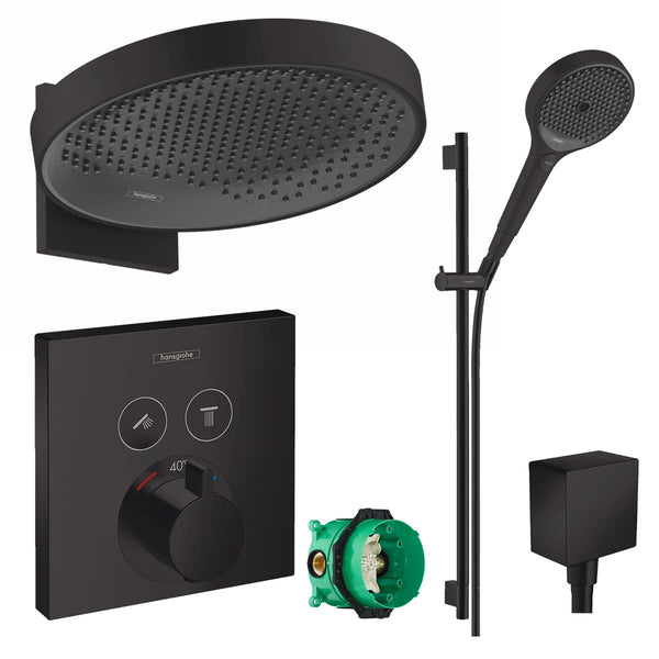 Hansgrohe Square 2 Outlet Push Thermostatic Valve with Rainfinity 360 Overhead and  Slide Rail Kit - Matt Black