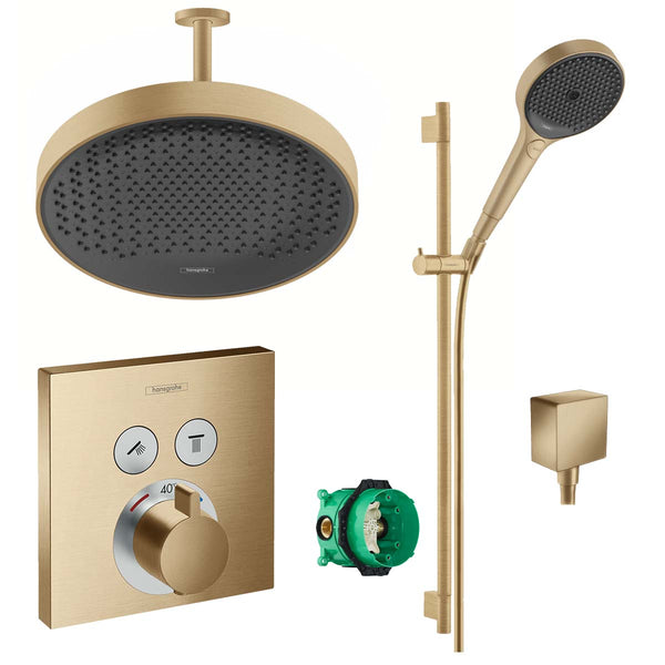Hansgrohe Square Dual Outlet Push Thermostatic Mixer Valve with Rainfinity 360 Overhead & Slide Rail Kit in Brushed Bronze