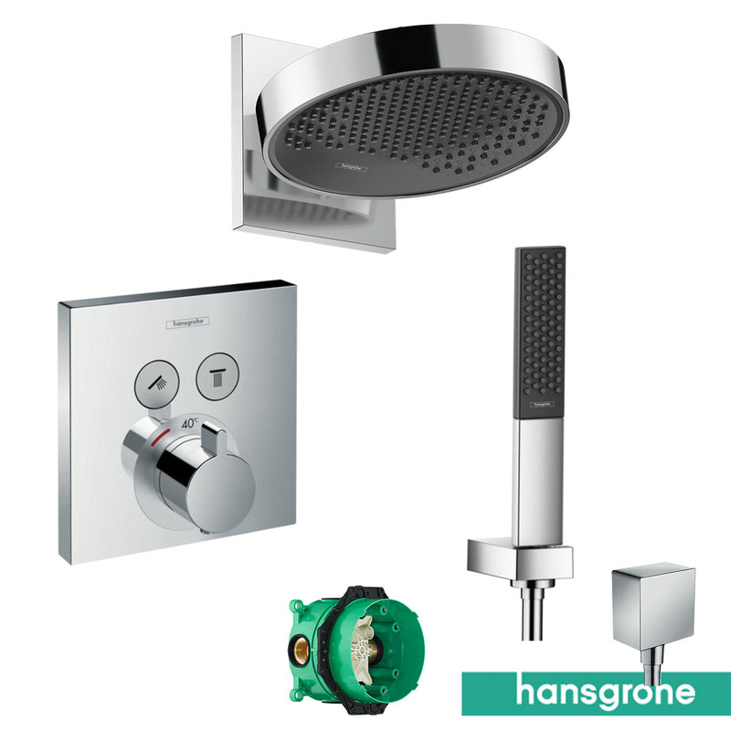Hansgrohe Square 2 Outlet Push Thermostatic Valve With Rainfinity 250 Overhead Shower and Handheld Shower - Chrome