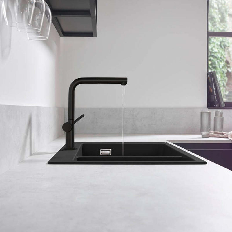Hansgrohe Talis M54 single lever kitchen mixer 270 with swivel spout and pullout spray matt black feature