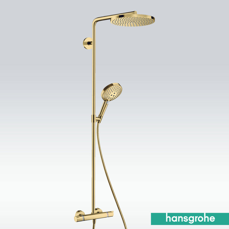 Hansgrohe Thermostatic Exposed Bar with PowderRain 240 Rigid Riser Shower Kit - Polished Gold