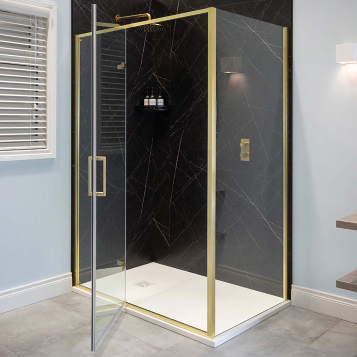 Merlyn 6 Series Sleek Hinged Shower Door with Inline Panel Open Brushed Brass