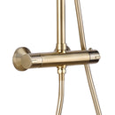 Portobello Dual Outlet Exposed Thermostatic Shower Bar Valve With Rigid Riser Handset and Shower Head Brushed Brass Close Up