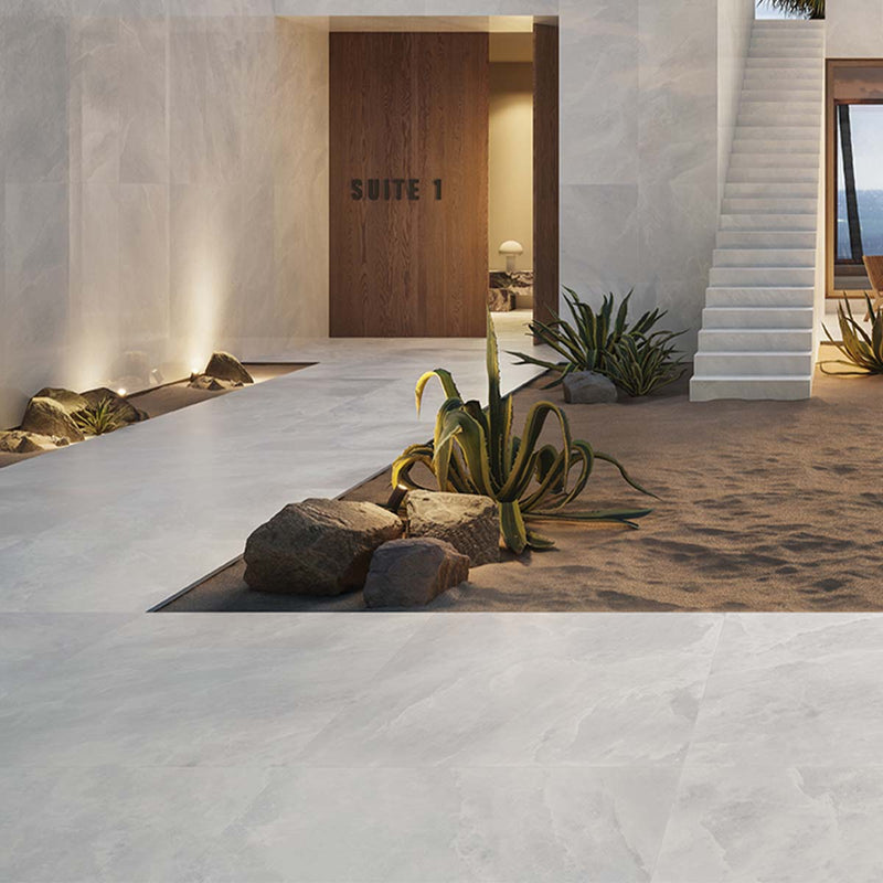 Riviera Onyx Blanco Rock Salt Effect Porcelain Tile 60x120cm Polished Lifestyle