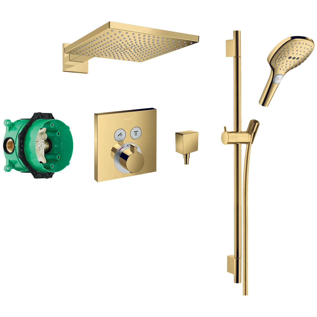 Hansgrohe Square 2 Outlet Push Thermostatic Shower Valve with Raindance 300 Overhead and Slide Rail Handset - Polished Gold