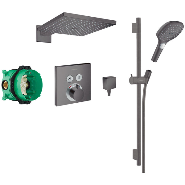 Hansgrohe Square 2 Outlet Push Thermostatic Valve with Raindance Overhead Shower and Slide Rail Kit - Brushed Black Chrome