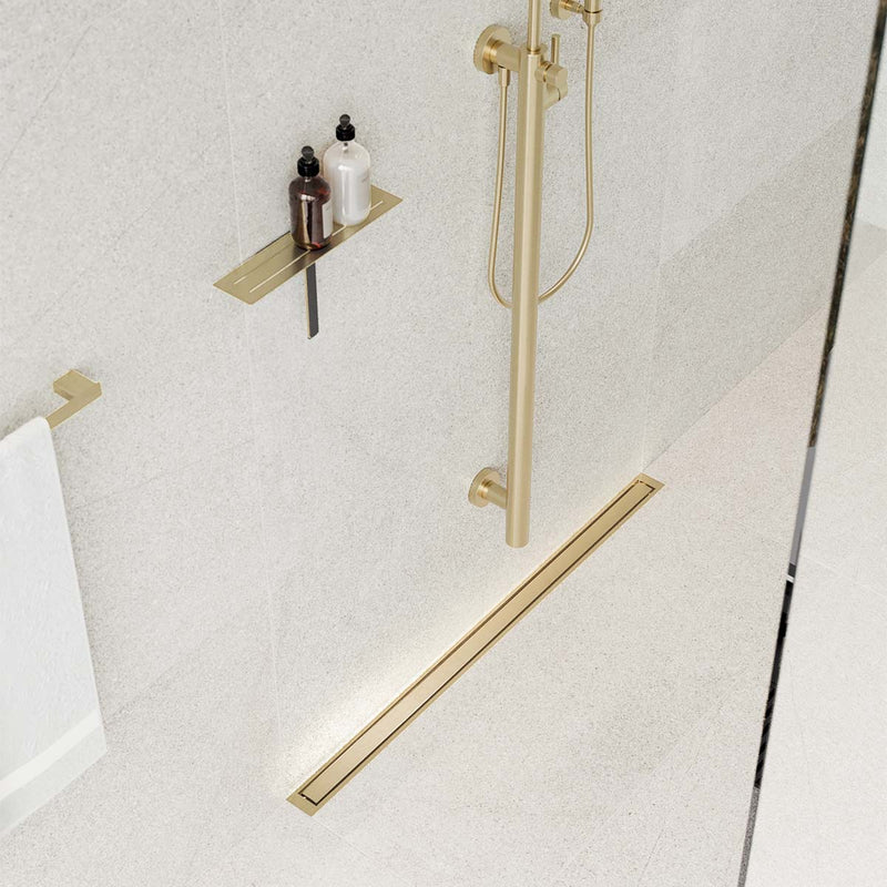 UniSlope 1K Wet Room Kit Highline Panel Brushed Brass Drain Brushed Brass