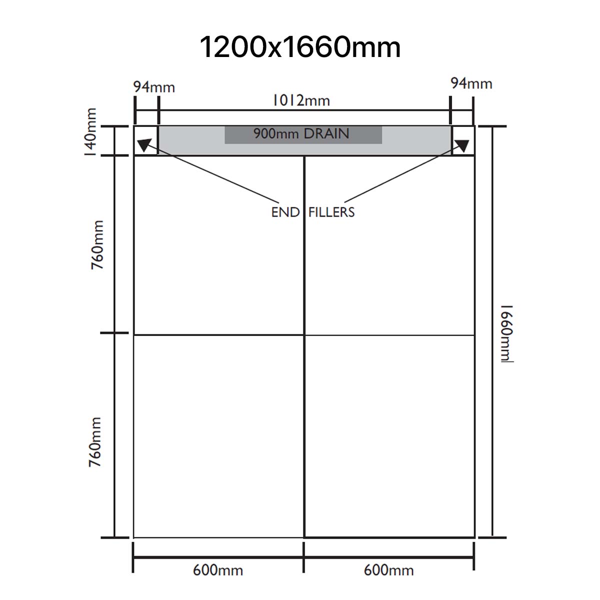 Unislope 1K elegance linear drain 1200x1660mm dimensions