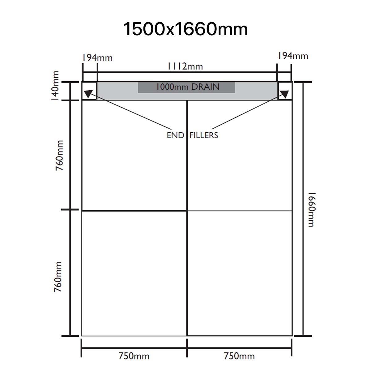 Unislope 1K elegance linear drain 1500x1660mm dimensions