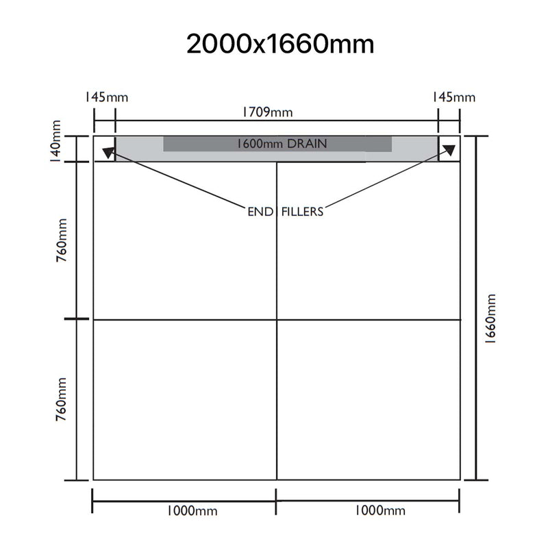Unislope 1K elegance linear drain 2000x1660mm dimensions