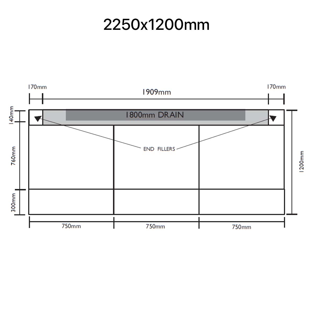 Unislope 1K elegance linear drain 2250x1200mm dimensions