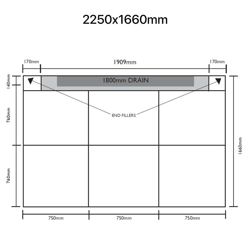 Unislope 1K elegance linear drain 2250x1660mm dimensions