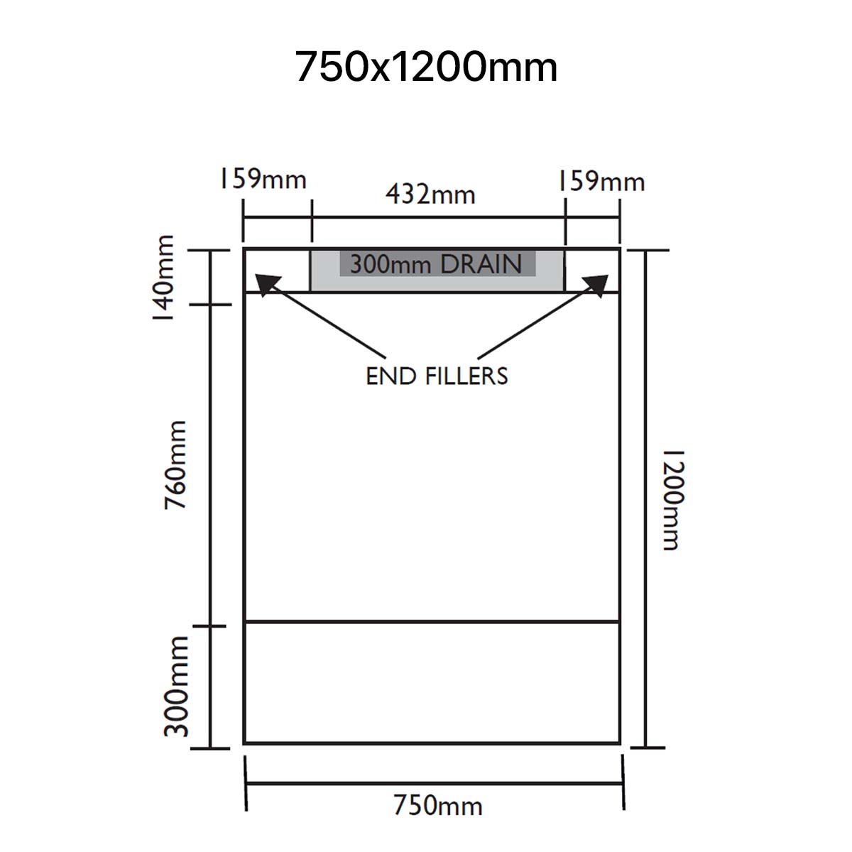Unislope 1K linear drain 750x1200mm dimensions