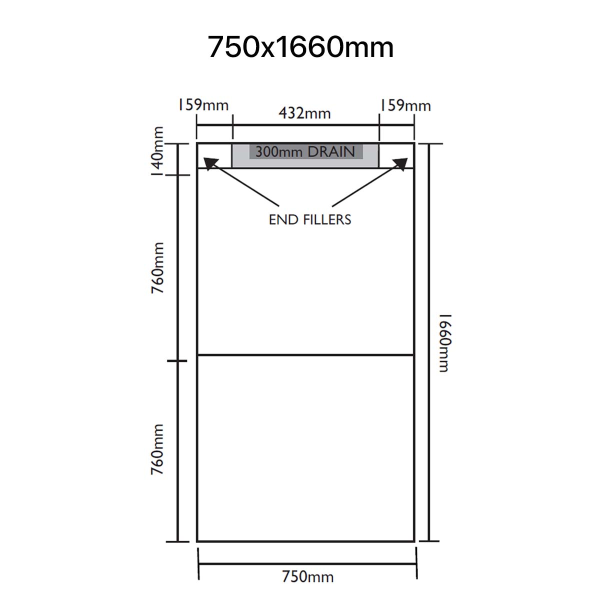 Unislope 1K linear drain 750x1660mm dimensions