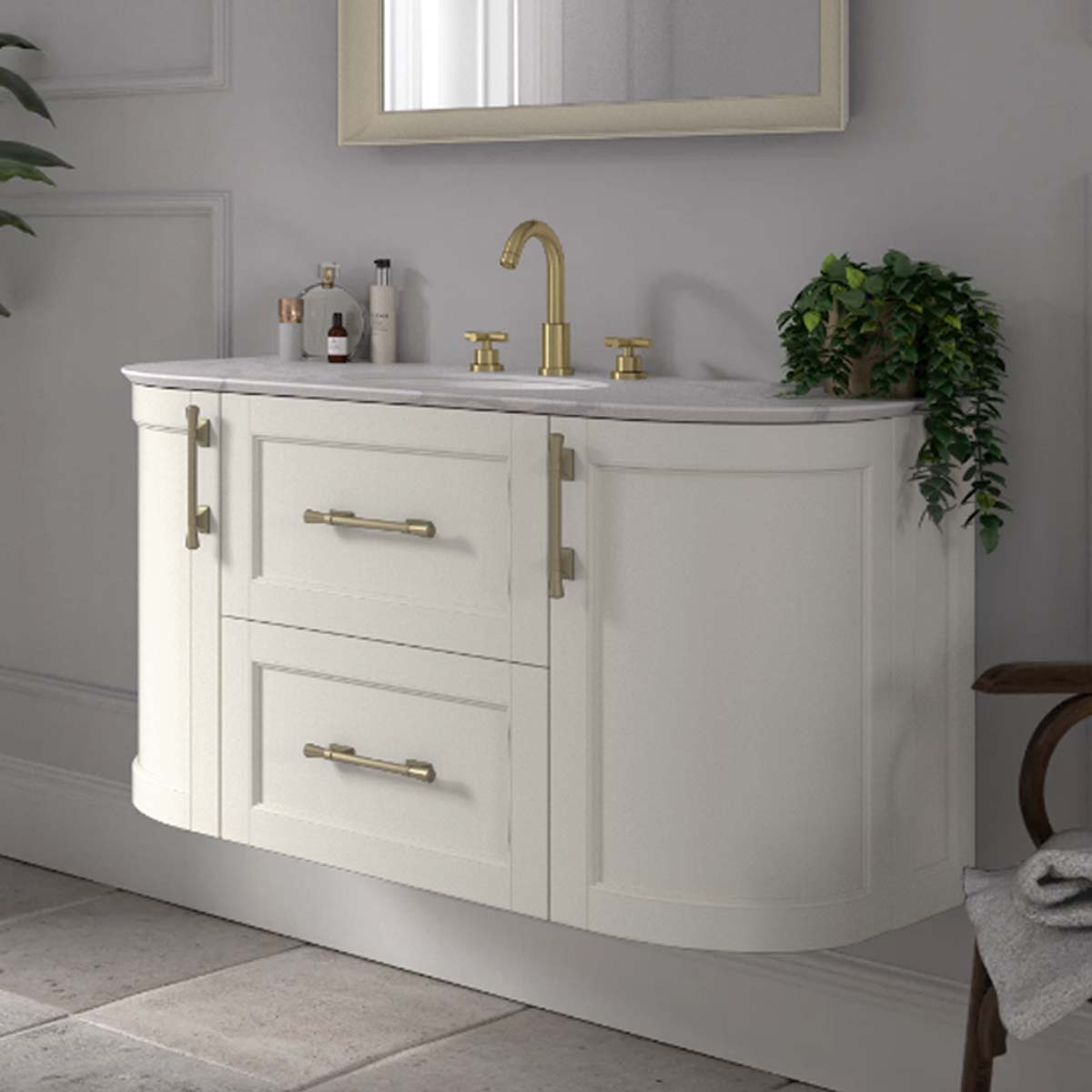 Utopia Roseberry Curved Wall Mounted Vanity Unit With Solid Surface Worktop and Undermount Basin - Cotton White