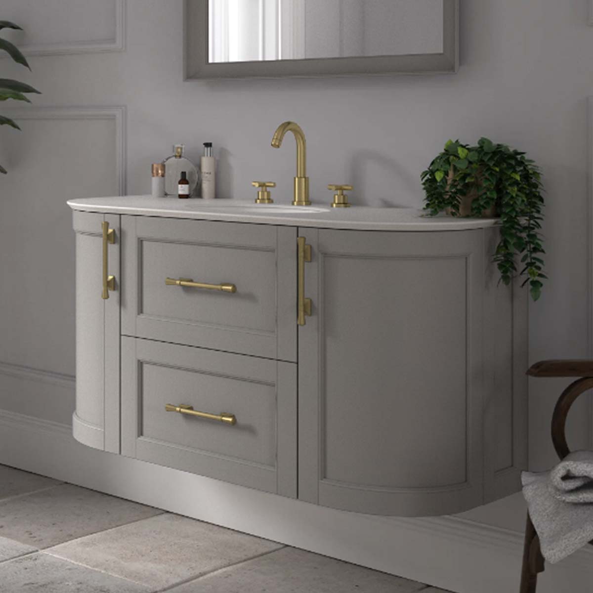 Utopia Roseberry Curved Wall Mounted Vanity Unit With Imperial White Worktop And Solid Surface Undermount Basin Dove Grey