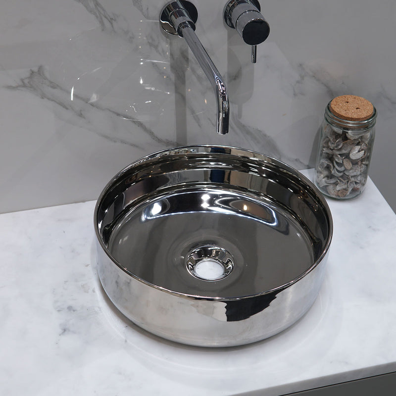 Granlusso Metallic Effect Countertop Round Basin with Slim Edges - Silver Gloss