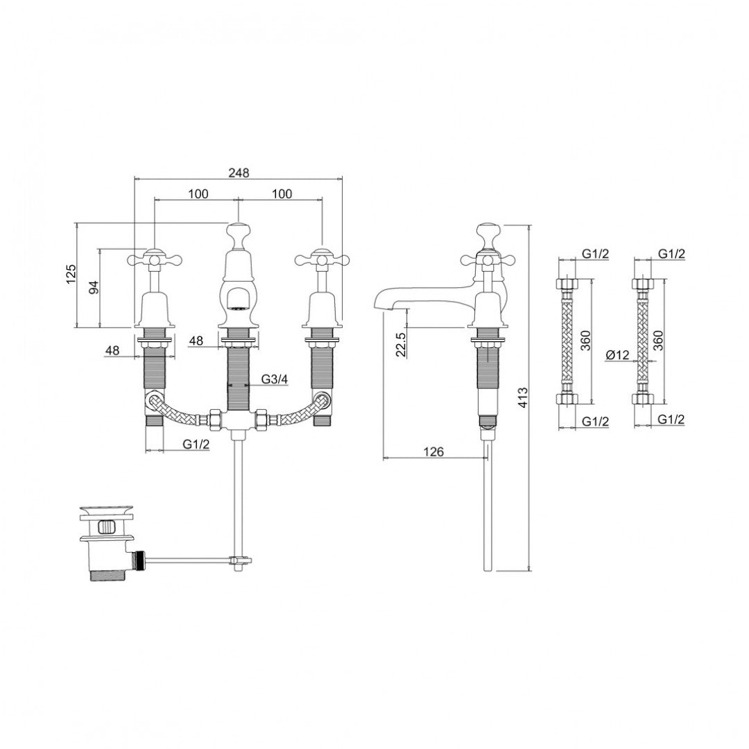 Burlington Claremont Three Tap Hole Basin Mixer With Pop-Up Waste Deluxe Bathrooms Ireland