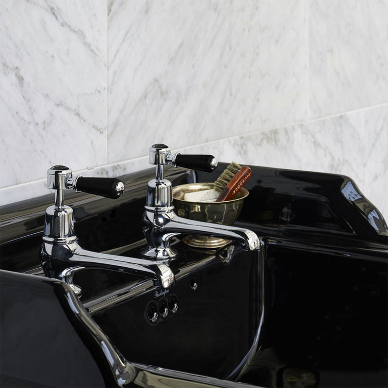 burlington edwardian jet 65cm black basin black pedestal lifestyle close up Deluxe Bathrooms Ireland