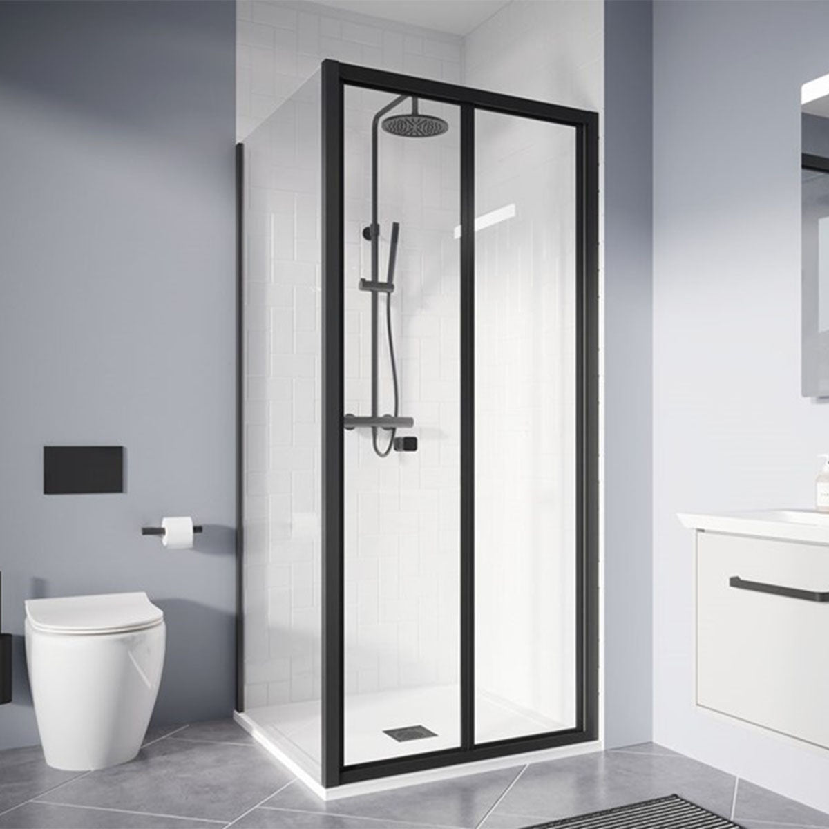 crosswater clear 6 bi-fold shower door with side panel matt black lifestyle