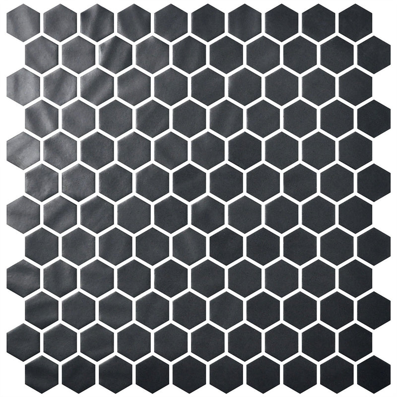 Deluxe Flower Hexagon Mosaic Porcelain Tile Black Matte