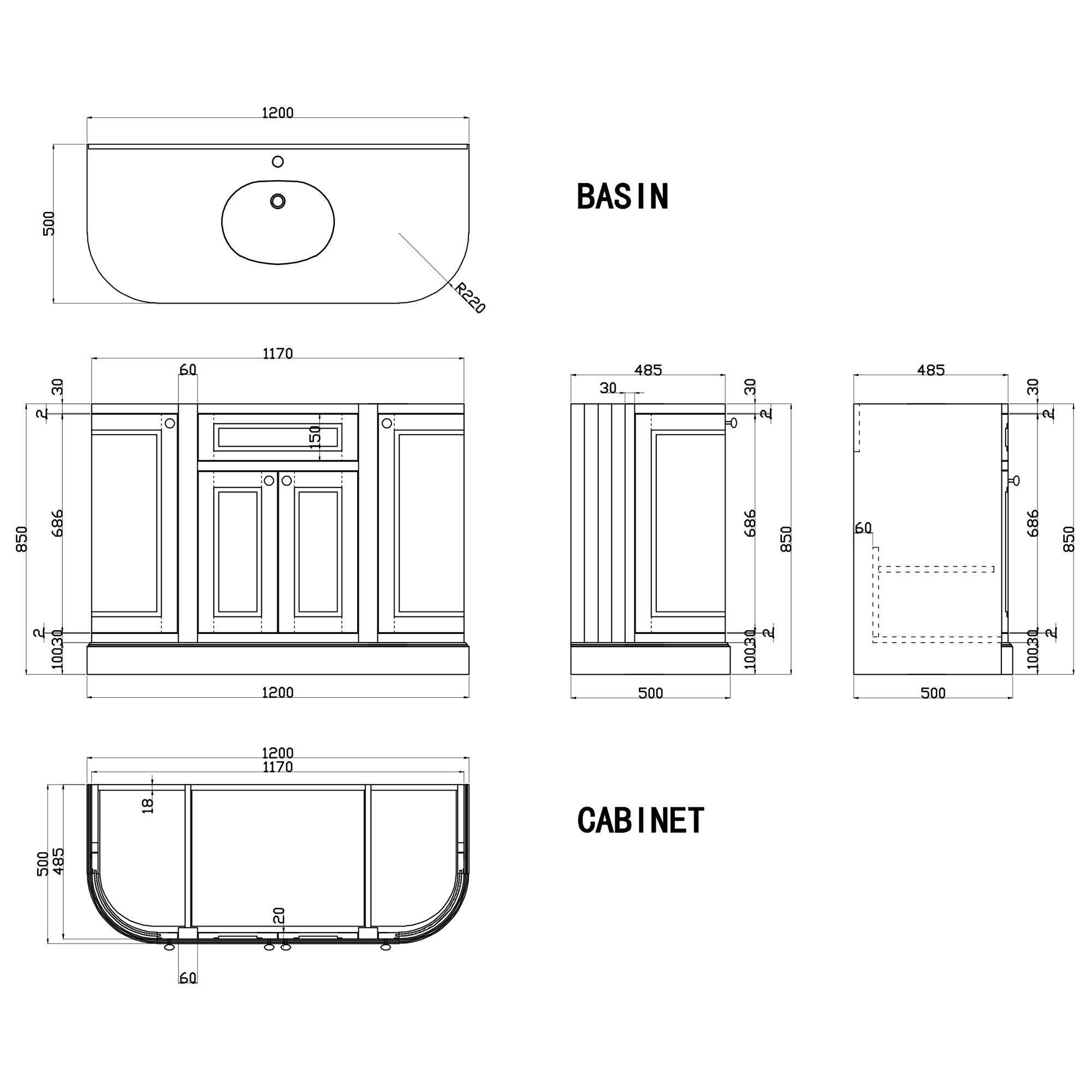 Deluxe Hampton 1200mm Curved Floorstanding Vanity Unit With Marble Worktop and Basin