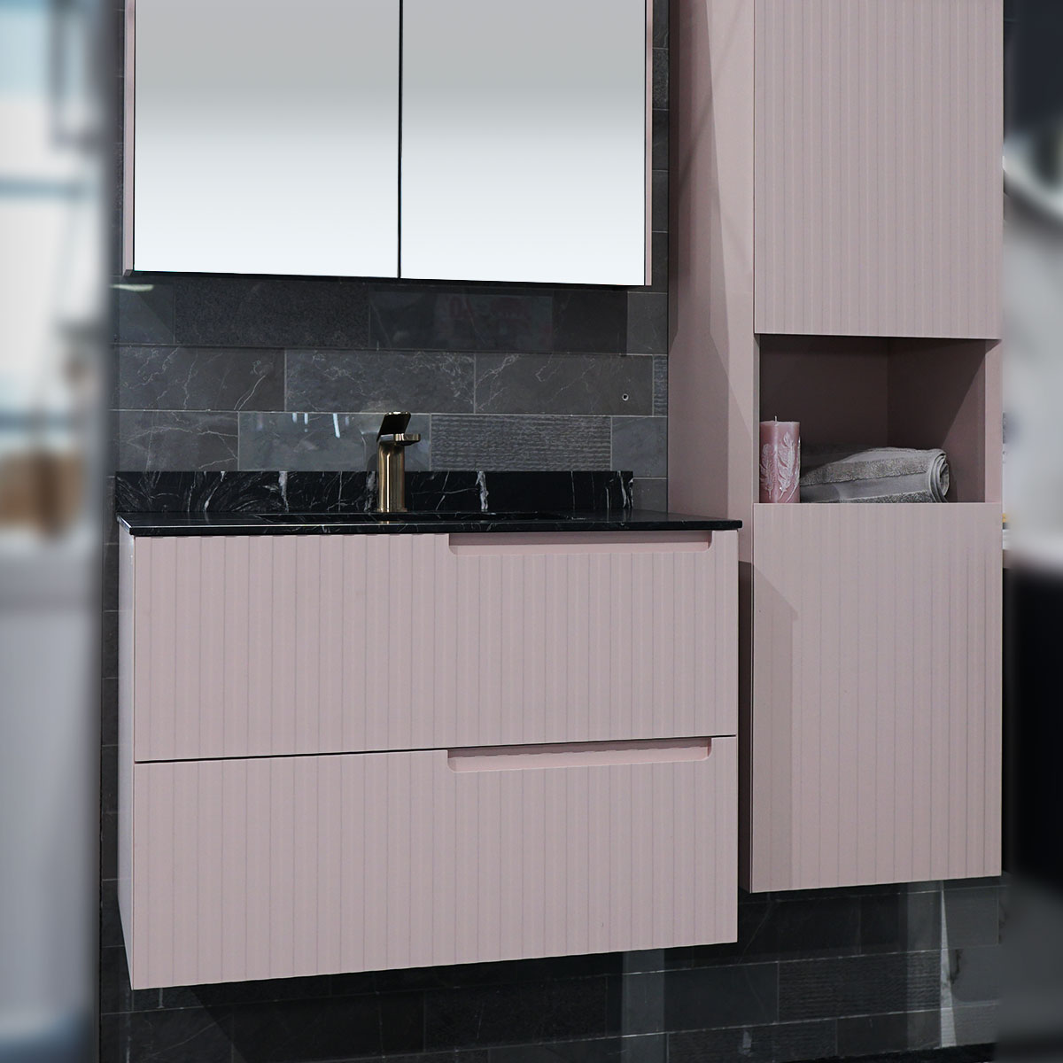 Fiora Synergy Designer 2 Drawer Wall Hung Vanity Unit with Natural Stone Top and Semi-Inset Single Basin