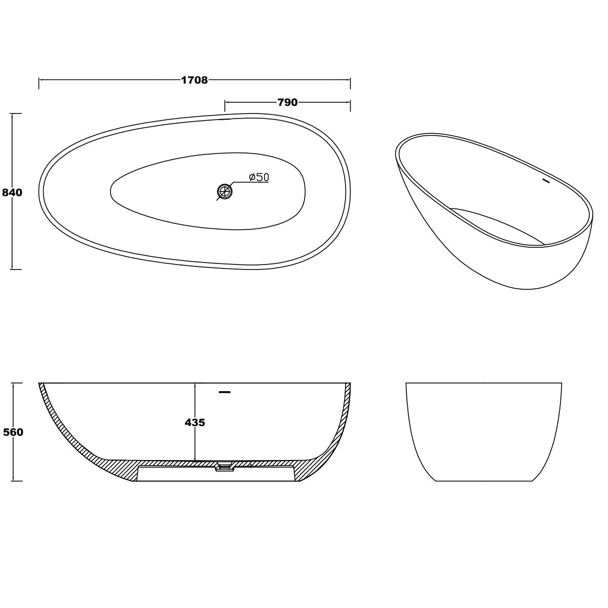 Granlusso Riviera Freestanding Stone Bath Matt White 1700 dimensions