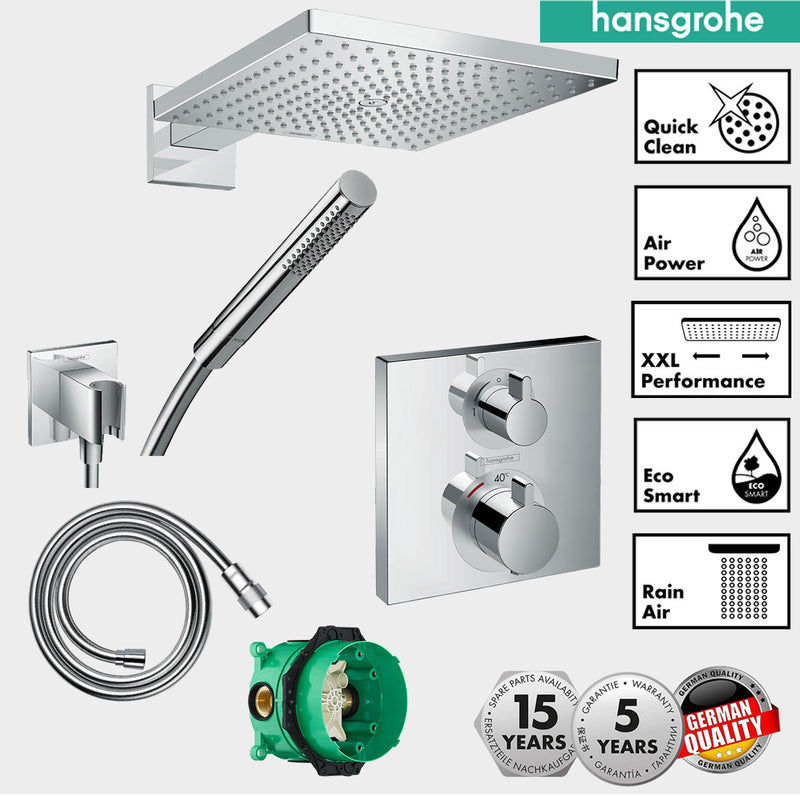 Hansgrohe Square Thermostatic Shower Valve with Raindance 300 Overhead & Baton Handset