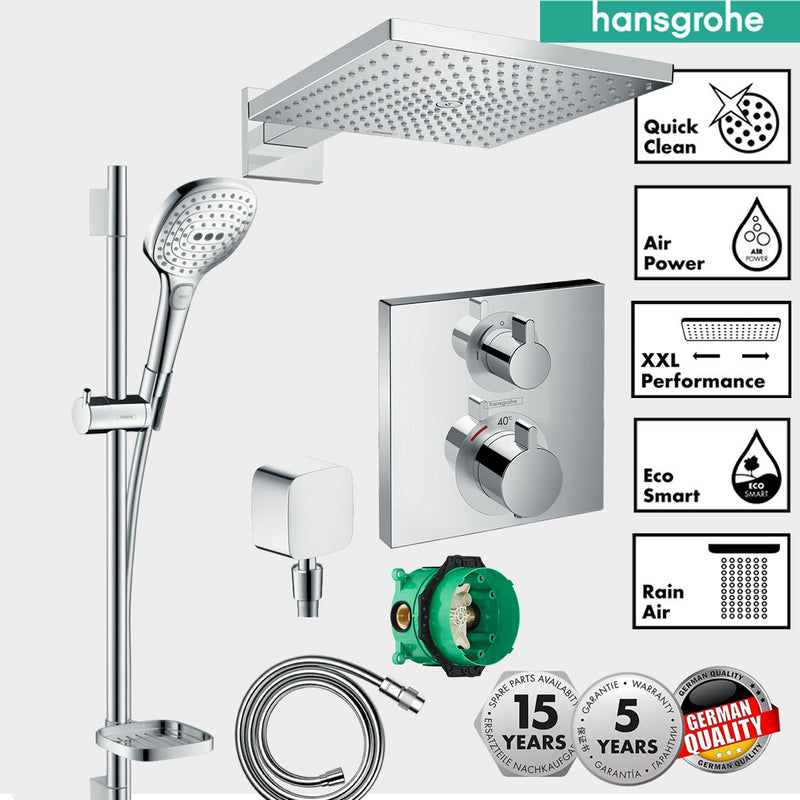 Hansgrohe Square Thermostatic Shower Valve with Raindance 300 Overhead & Handset Slide Rail Kit