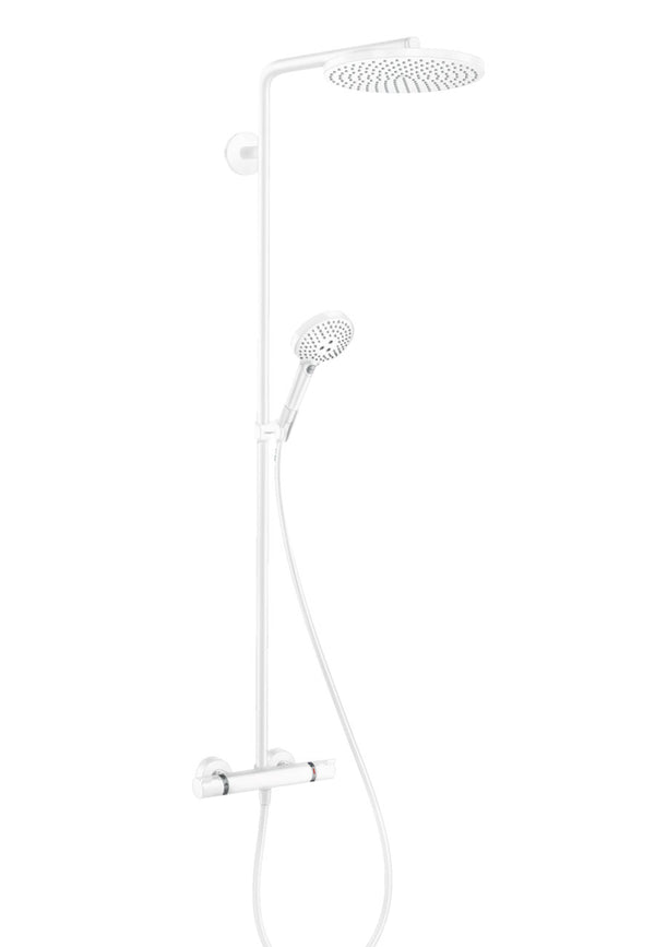 Hansgrohe PowderRain 240 Exposed 2 Outlet Rigid Riser Thermostatic Shower Kit With Overhead Shower and Handset - Matt White