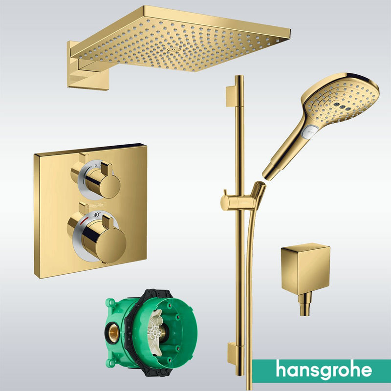 Hansgrohe Square 2 Outlet Thermostatic Valve With Raindance Overhead Shower and Slide Rail Kit - Polished Gold