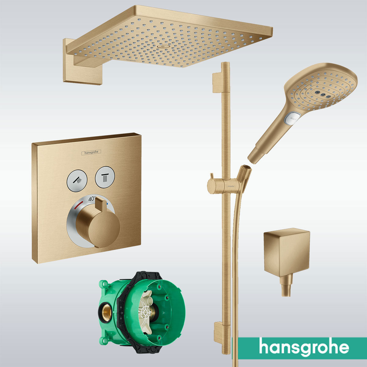 Hansgrohe Square 2 Outlet Thermostatic Shower Valve with Raindance 300 Overhead and Slide Rail Handset Brushed Bronze