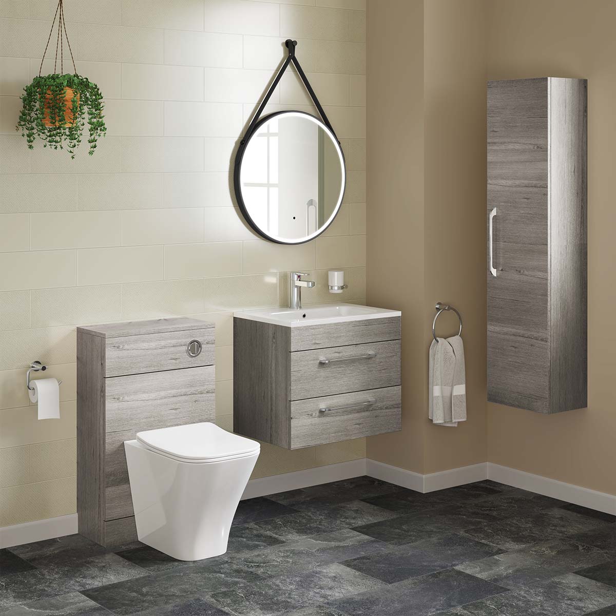 Miami 600mm Wall Hung 2-Drawer Vanity Unit With Basin Grey Oak Lifestyle