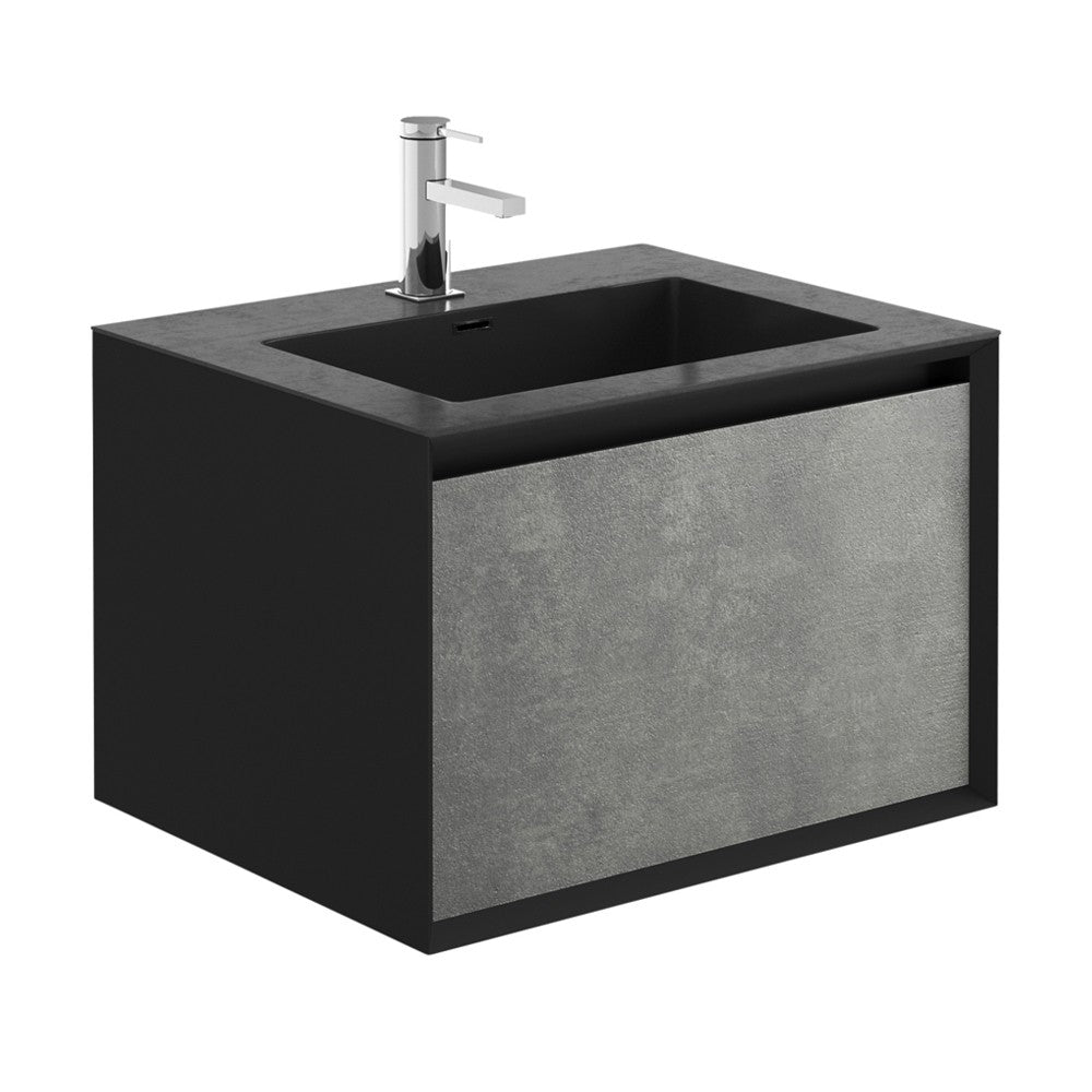 Sydney Black & Concrete Single Drawer Wall Hung Vanity Unit With Black Basin